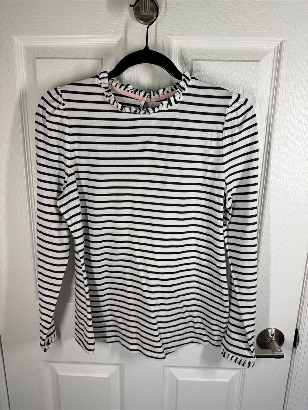Boden navy blue and white striped long sleeved ruffle crew neck jersey size 10